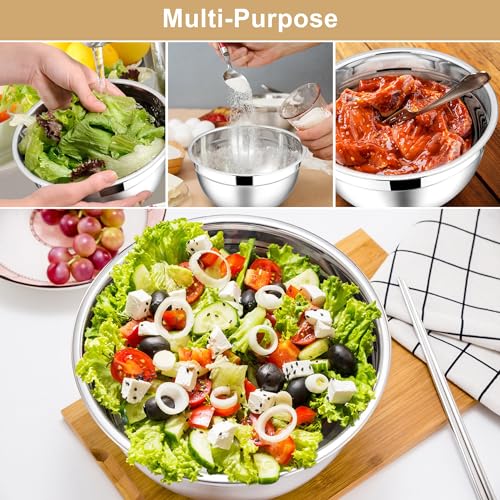 E-far Mixing Bowls with Lids, 6-Piece Stainless Steel Salad Bowls Metal Nesting Bowls for Baking Cooking and Prepping, Airtight Lids & Stackable Design, Size 4.5, 3, 1.5 QT (Khaki)