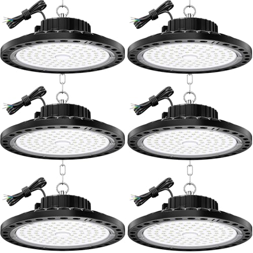 TOPAUBUB 100W UFO LED Interior Ceiling Spotlights, 6 Pieces, LED Ceiling Lamps 10000LM IP65 6500K with Metal Chain 30 cm, Driver, Industrial Spotlight for Garage
