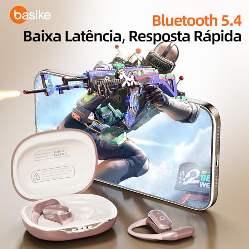 Fone De Ouvido Bluetooth Esportes, Basike T6, IPX5/OWS Fone de Ouvido Estéreo Hi-Fi, Suporta Chamadas de Voz, 60 Horas em Standby Para Corrida e Exercícios ao Ar Livre (Ouro Posa)