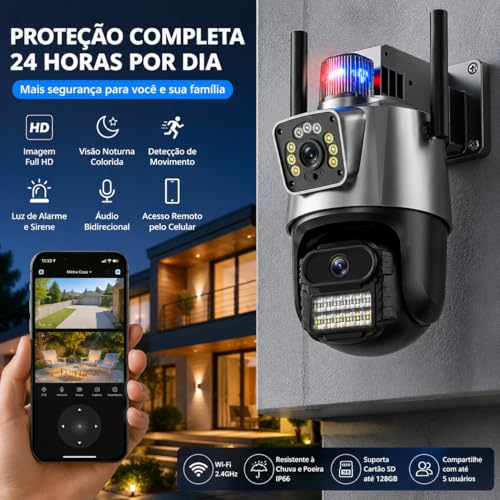 Câmera de Segurança Externa Dupla Wi-Fi 6MP com Duas Lentes, Visão Noturna, Sirene, Detecção de Movimento, Áudio Bidirecional, Rotação 355°/90° e Proteção IP66