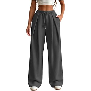 Wide Leg Sweatpants Women Baggy Pleated Front Sweat Pants Lounge Drawstring High Waisted Trousers with Pockets