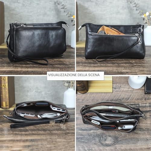 CONTACTS Pochette da viaggio da uomo in vera pelle con cinturino da polso, portafoglio passaporto con cerniera e tasca con cerniera, Portafoglio borsa a mano grande capacità per telefono
