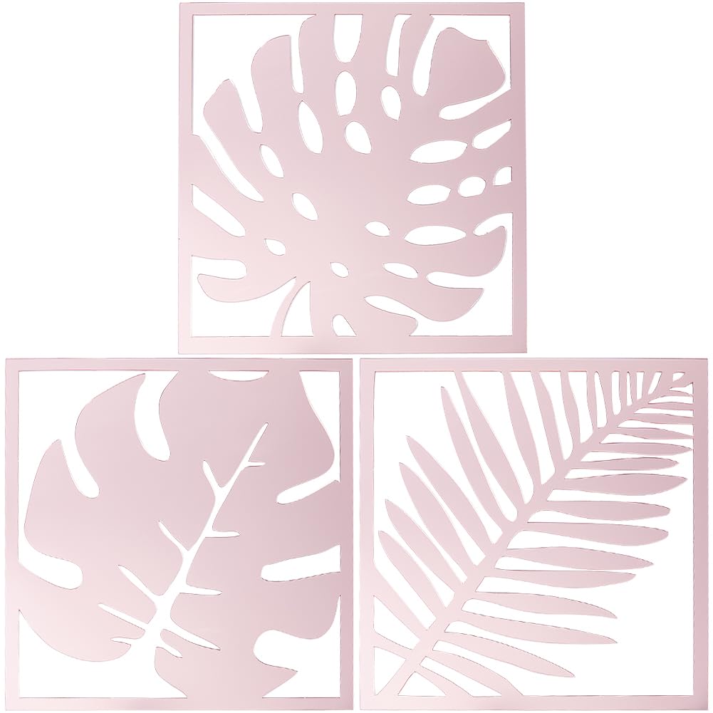 CREATCABIN 3Pcs Leaf Mirror Wall Stickers Square Mirror Art Decals Acrylic Wall Mirror Decor Mural Sticker Set Detachable for DIY Home Living Room Bedroom Wall Decoration 7.4 x 7.8Inch Pink