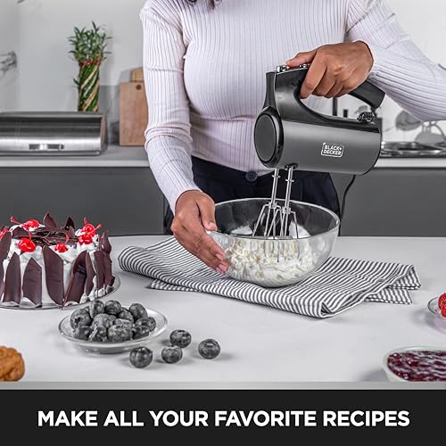 BLACK+DECKER 300W Hand Mixer - 5-Speed with Turbo, Premium Metallic Finish, Stainless Steel Beaters & Dough Hooks, Ergonomic Grip, Easy Eject, Dishwasher Safe | SSMH325-B5