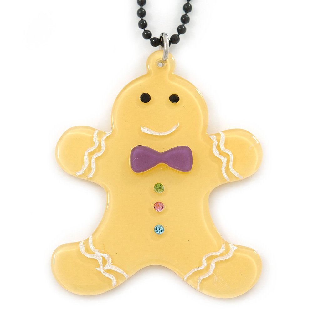 Avalaya Yellow Acrylic Gingerbread Pendant With Black Beaded Chain - 44cm L