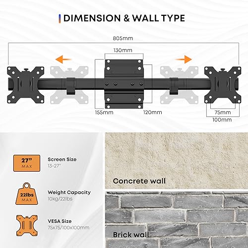 Dual Monitor Wall Mount, Single to Double VESA Adapter for 2 Displays 13 to 27 inch, Horizontal Assembly Max. 10kg, VESA 75x75/100x100mm