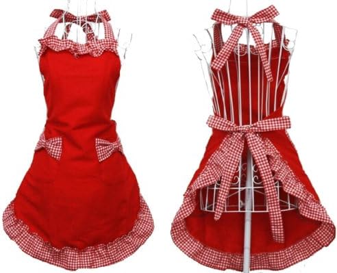 Butterme Cute Bowknot Cotton Aprons for Women Girl Cooking Restaurant Work Kitchen Gardening Home Patterns Apron with Grid Bowknot Pockets and Ruffles (Red)