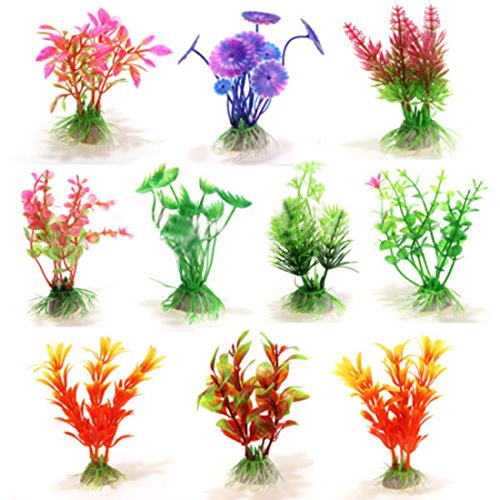 Ray-JrMALL Plastic 10 Pcs Mixed Artificial Aquarium Fish Tank Water Plant Color Random