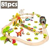 COSSY Dinosaur Theme Wooden Train Set - 81 pcs Railway Tracks & Accessories, Magnetic Trains Cars for Toddlers & Older Kids (Large)