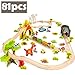 COSSY Dinosaur Theme Wooden Train Set - 81 pcs Railway Tracks & Accessories, Magnetic Trains Cars for Toddlers & Older Kids (Large)