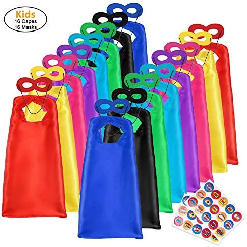 ToysNMA Superhero Capes and Masks for Kids, Bulk Pack of 16 Sets, Boys and Girls