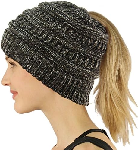 COCO LEE Chic Black and White Knit Hat Cable Beanie Stretch Chunky Winter Bun Ponytail Beanie Tail Ponytail Messy Bun Beanie Solid Ribbed Hat Cap For Women Girls