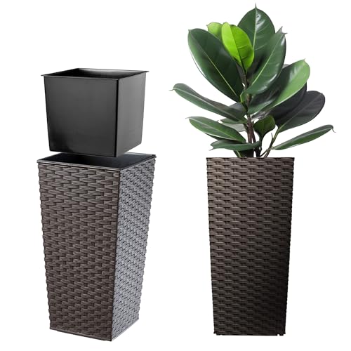 KADAX Pflanzkübel mit Innentopf, Höhe 68cm, Mokka Rattan – Wetterfester Blumentopf für Innen & Außen, ideal für Garten, Balkon & Terrasse, zum Bepflan