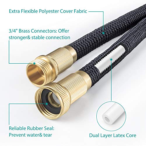 OWSOO 50 FT Expandable Garden Hose, Leakproof Water Hose with 8 Functions Sprayer, 3/4" Solid Brass Fittings, Double Latex Core, Extra Strength Fabric, No-Kink Lightweight Garden Hose for Watering