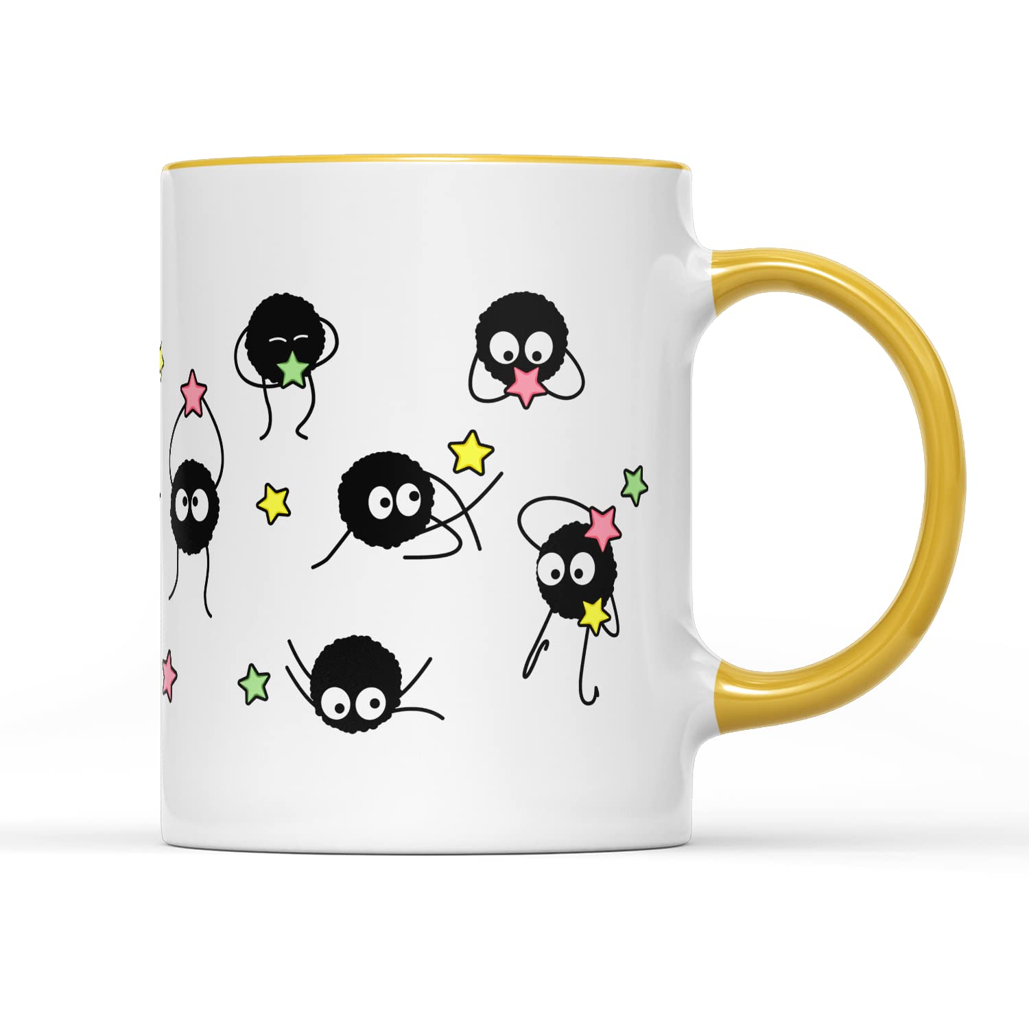 SmartyPants Soot Sprites Wrap Coffee Cup Mug Anime Manga Film Studio Susuwatari Neighbor Spirits Present Gift Heavy Duty Ceramic Handle Coated Dishwasher Microwave Safe (Yellow Handle Prime)