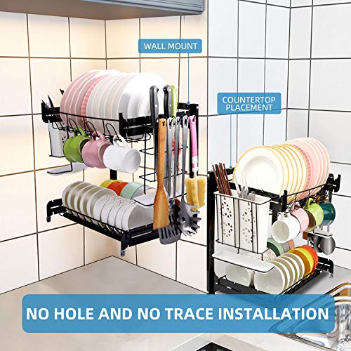 Dish Drying Rack, YIIMER Stainless Steel 2-Tier Dish Rack with Drainboard Set, Height-adjustable Dish Drainer with Utensil Holder, Knife Holder and Cup Holder for Kitchen Counter Top Black