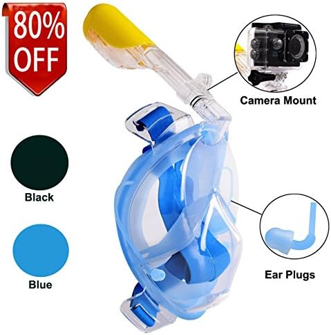 HOPPIC 180° View Full Face Snorkel Mask with Camera Mount, Built-in Silicone Ear Plug, Anti-fog/Anti-leak Technology, Easy Breath Diving Mask and Snorkel with Mesh Bag for Adult
