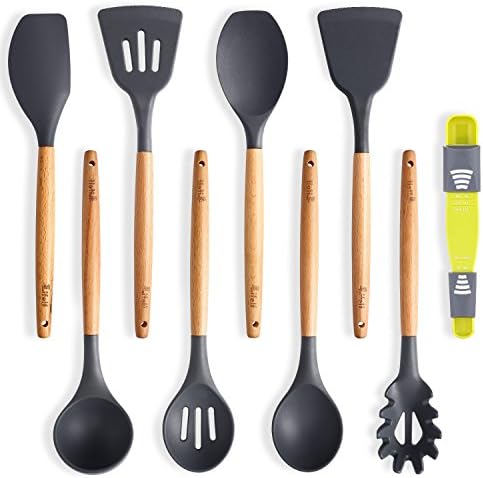 9-Piece Silicone Cooking Utensils Set, Lifelf Premium Non-Stick Heat Resistant Kitchen Utensils Set with Wooden Handles for Cooking Baking BBQ,BPA Free (Dark Gray)