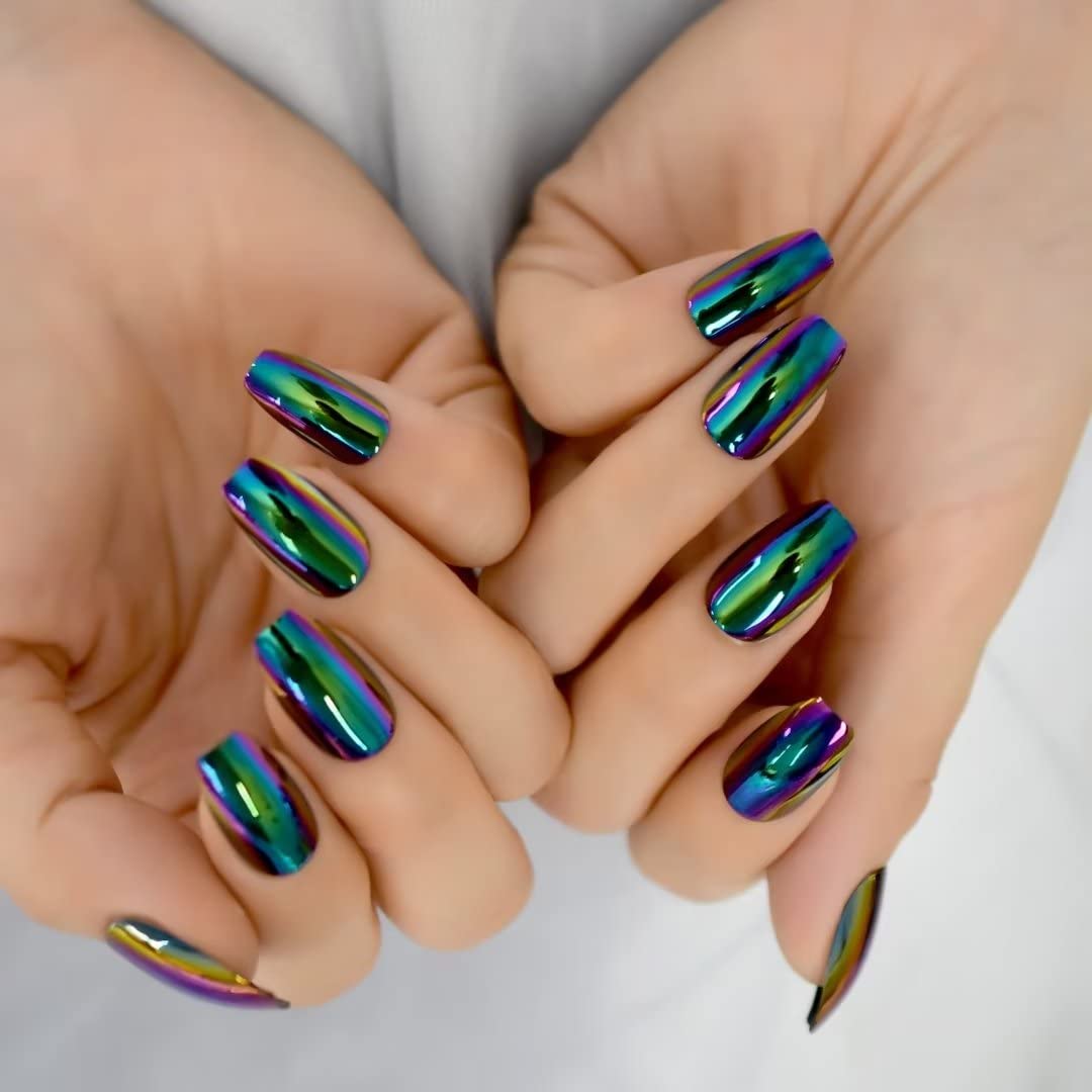 iBeautying Press on Nails - Chrome Magic Mirror Effect Green Purple Holo False Nails | Metallic Punk Medium Coffin Reusable Wear Fake Nails in 10 Sizes - 24 Nail Kit with Jelly Glue Pad - Image 2
