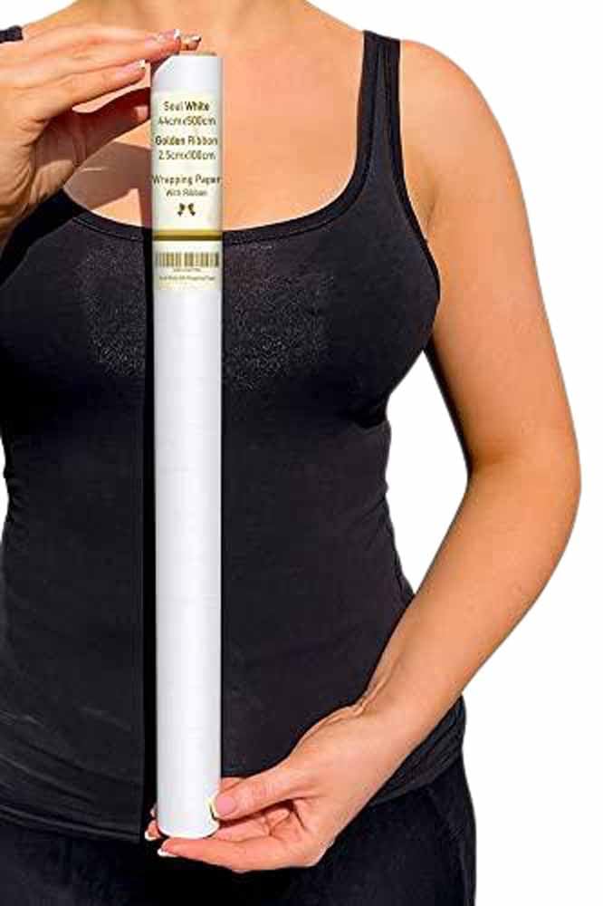 Empire Soul White Wrapping Paper, 44cmx500cm Gift Wrapping Paper, 80 GSM Birthday, Gift Wrap with 2.5cmx1000cm Ribbon, Paper Roll With Cutting Lines