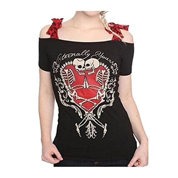 XWDA-Women-Skull-Print-Bowknot-Punk-Rock-Gothic-Shirt-Short-Sleeve-Blouse-Tank-Tops