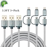 2-in-1 Lightning and Micro USB Cable [3 Pack 3.3 ft] Nylon Braided High Speed Sync and Charging Cable Cord Compatible with iPhone 7/7Plus/6s plus/6s/6 plus/6/5s, iPad /iPod, Samsung, HTC, and More