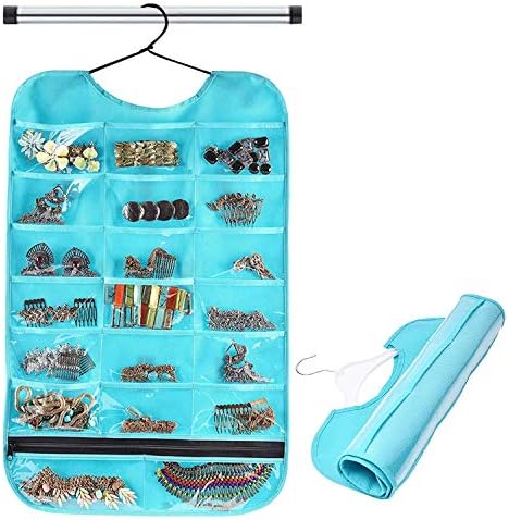 PACKNBUY Non-Woven Material Hanging Jewellery Organizer with Hooks Pockets- Aqua Green