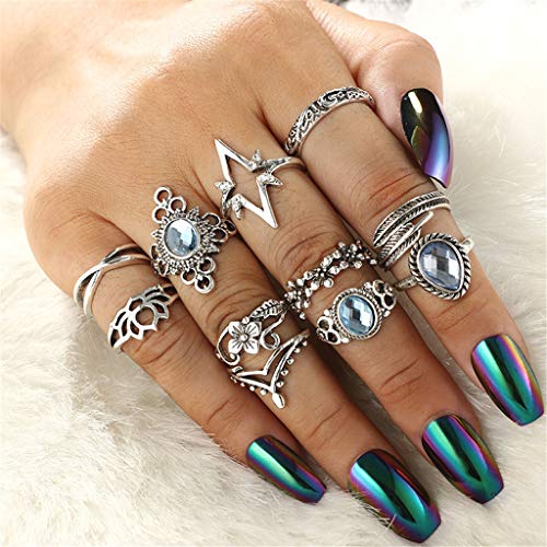 wSelio 5-14 Pieces Stackable Knuckle Ring Set, Boho Vintage Crystal Stacking Midi Finger Rings for Women Teen Girls Fashion Multiple Rings
