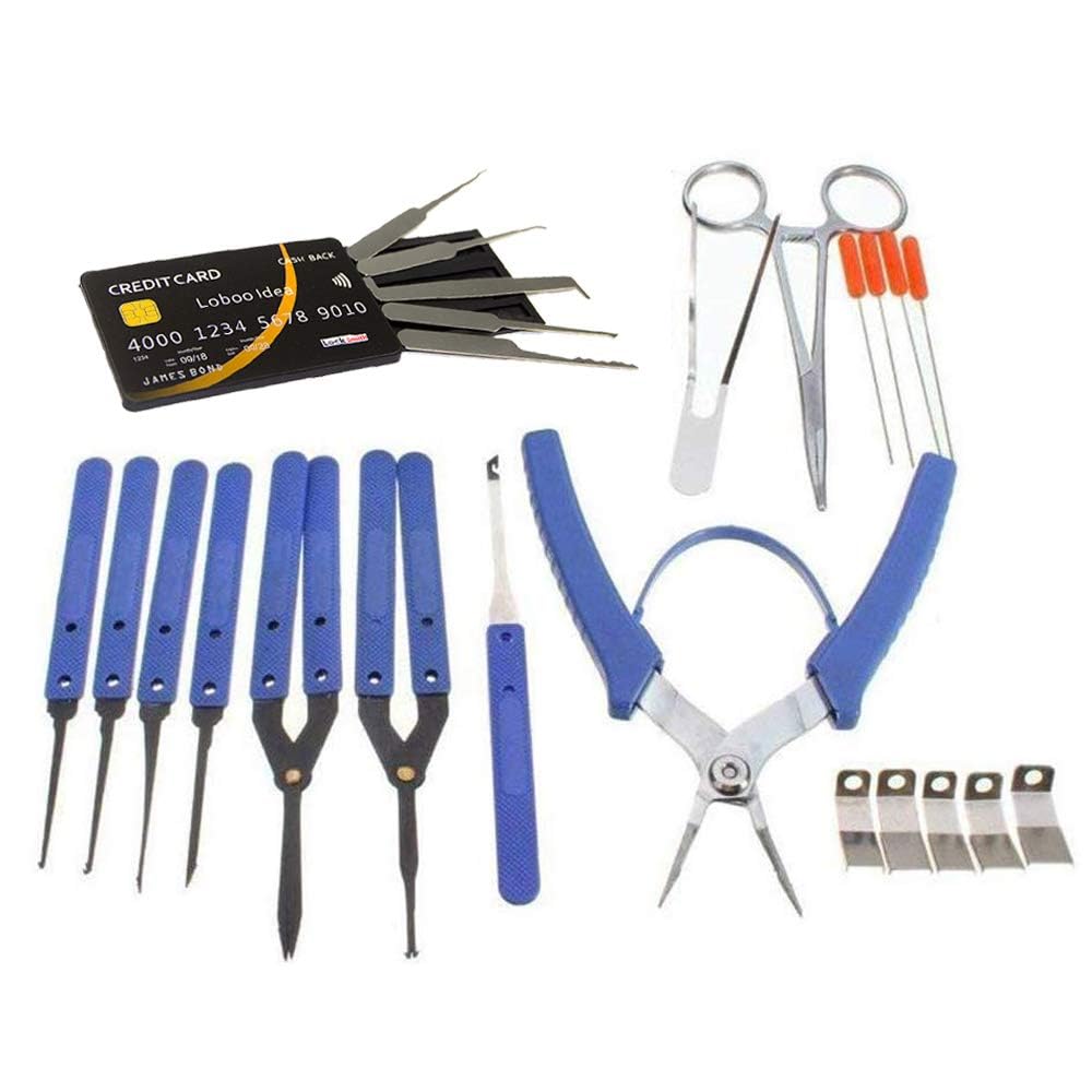 Loboo Idea 5 Pieces Credit Card Lock Picking Tool Kit and 14 Pieces Ultimate Broken Key Extractor Set, Damaged Key Remove Kit, Home Depot Locksmith Tool Removal Hooks LockPick