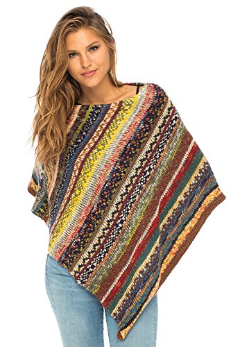 Back From BaliWomens Colorful Knit Poncho Sweater Cape Soft Striped Boho Tunic Shawl