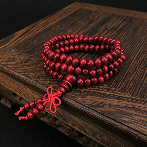 Wooden Prayer Beads Bracelets,Hemlock Women Girls 108 Natural Sandalwood Beads Chain Bracelets Bangle (Red)