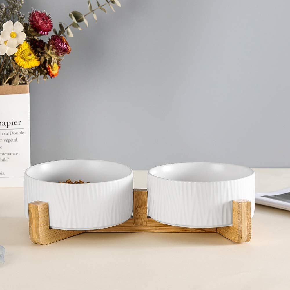 HCHLQLZ White Ceramic Cat Dog Bowl Dish with Wood Stand No Spill Pet ...