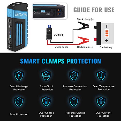 Portable Car Jump Starter, BOKIN 800A Peak 20000mah (up to 8.0L V8 Engine) Multifunctional Auto Battery Jump lithium Battery Pack with QC3.0&Type C USB Output, Emergency Rescue Blade, Safety Hammer