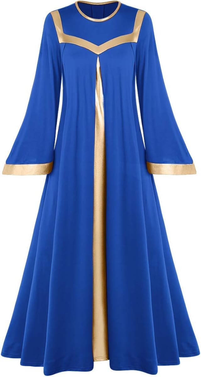 Women Gold Metallic Bell Long Sleeve Praise Dance Dress with Waistband Liturgical Dancewear Church Robe Worship Costume: Clothing