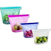 Reusable Premium Silicone Food Storage Bags 4 Pack with 2 Snack and 2 Sandwich Bags, Multi-Use & Sous Vide Stand-Up Pouches for Soup and Leftovers, Microwave, Dishwasher and Freezer Safe, BPA Free