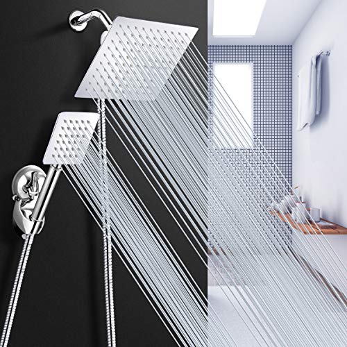 Shower Head Combo, Baban 8'' High Pressure Rainfall Stainless Steel Shower Head, Stainless Steel Handheld Shower Head Combo with Strong Suction Cup Holder, 3-Way Water Diverter, 1.5M Hose, Chrome