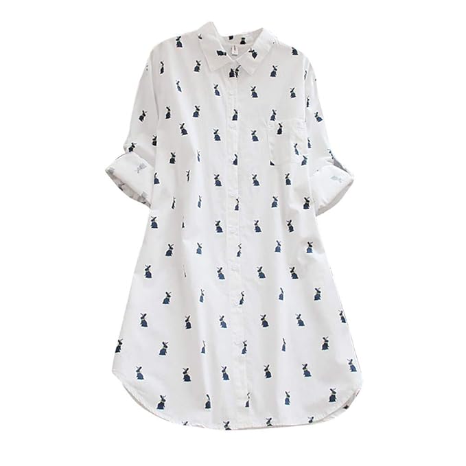 OverDose Damen Herbst Freizeit Stil Frauen Baumwolle Solid Langarm-Shirt beiläufige lose Bluse Beach Party Button-Down-Tops P