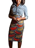 Annflat Women's African Print High Waist Stretch Bodycon Pencil Midi Skirt Small Multi