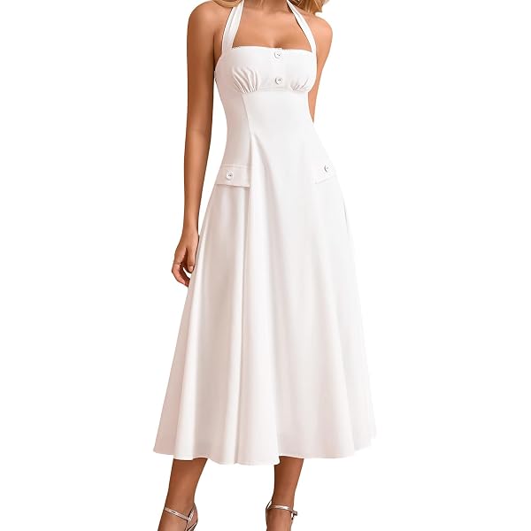 FQFGGYD Women's Halter Midi Dress Womens Summer Dress Wedding Guest Dresses  for Women Solid Color Thin Straps A-line Dress at Amazon Women's Clothing  store