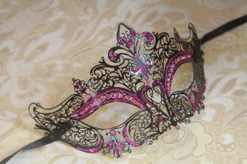 Mysterious Black w/ Pink with Gem and Glitter Laser Cut Venetian Swan Design Masquerade Mask for Mardi Gras Or Halloween by RoyalVenetian