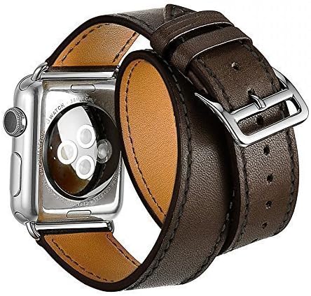 YataleApple Watch Genuine Leather Band Double Tour Cuff with Adapter Iwatch Bracelet Replacement band with Metal Clasp Dark Brown 38mm