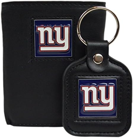 Official National Football League Fan Shop Authentic Genuine Leather NFL Trifold Wallet and Key Chain Bundled Set (New York Giants)
