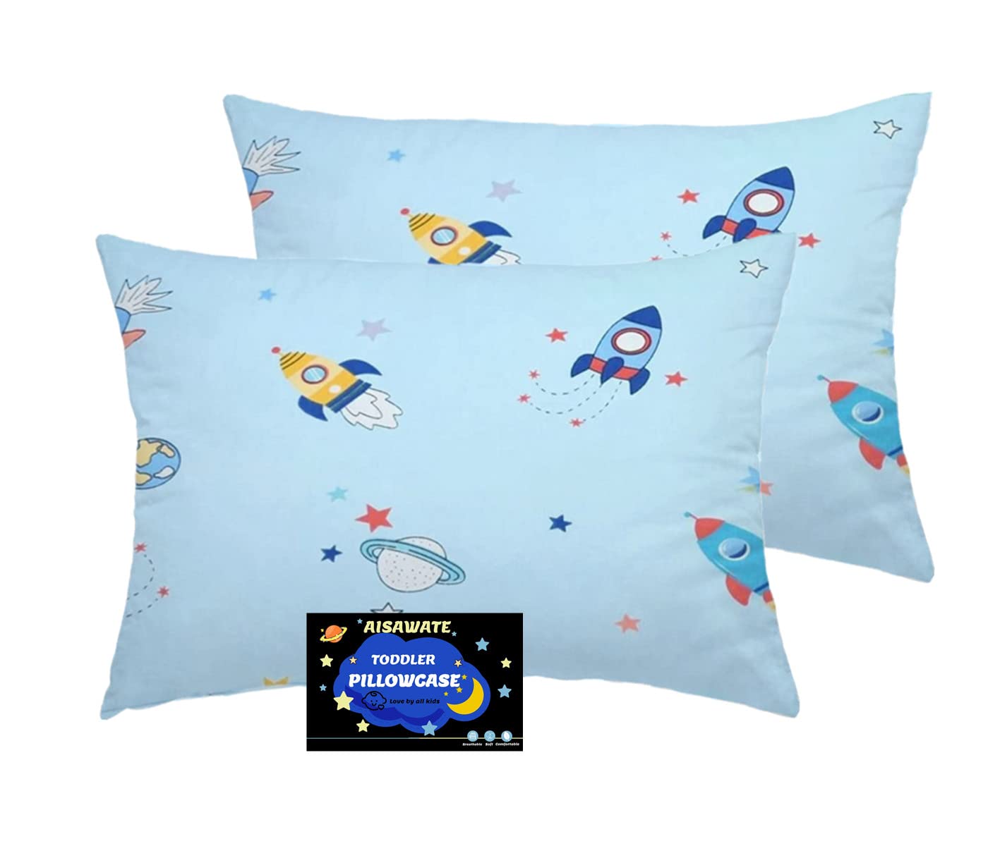 Baby Toddler Pillowcase 2 Pack, Cot Bed Pillow Pair Cases 40 x 60cm, 100% Cotton Soft Pillow Cover for Boys Girls Kids Bedding, Envelope Closure Machine Washable Travel Pillow Pillowcase(Space Rocket)