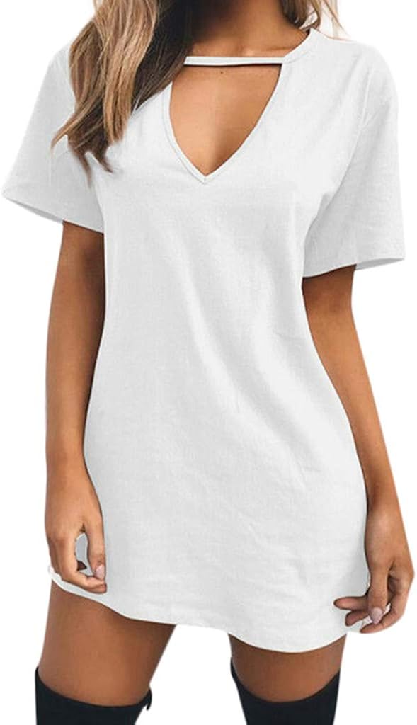 Womens Choker V Neck Long Tops T-Shirt Ladies Casual Party Mini Dress Blouse