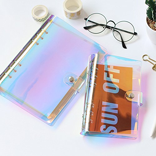 Standard 6 Holes Rainbow Binder Covers Colorful Clear Soft PVC Notebook Round Ring Binder Cover Protector Snap Button Closure Loose Leaf Folder (Colorful, A5)