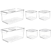 SANNO Produce Saver Containers for Refrigerator - Stackable Kitchen Organizer Keeper Bin, with Removable Drain Tray, Set of 6