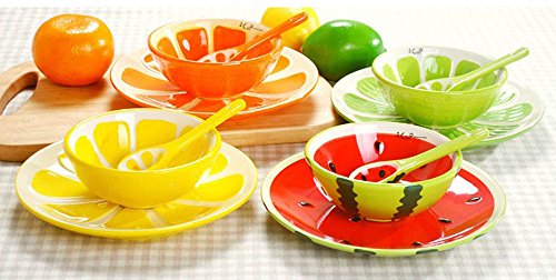 Ceramics Fruit Shape Salad Bowl Plate Spoon,Set of 3 -Apple/ Strawberry/ Carambola/ Watermelon/ Orange/ Kiwifruit