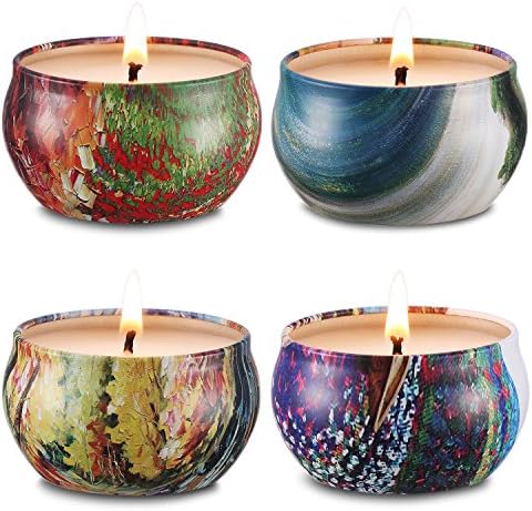 Scented Candles Jasmine,Rose,Vanilla &amp; Lavender Sustainable Vegan,Big Eco-Friendly Natural Soy Travel Tins Candles,Set Gift of 4