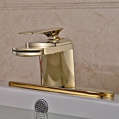Senlesen Gold Finish Waterfall Spout Single Lever Bathroom Sink Vanity Faucet with 8-inch Cover Plate - Thumbnail 4