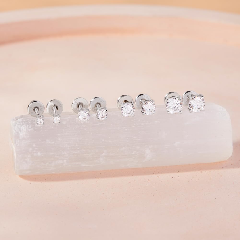In Season Jewelry 925 Sterling Silver Kids 2mm-5mm Clear Cubic Zirconia Round Stud Solitaire Screw Back Earrings for Babies & Toddlers - Baby Girl Earrings with Safety Screw Backs for Infant and Toddler Children